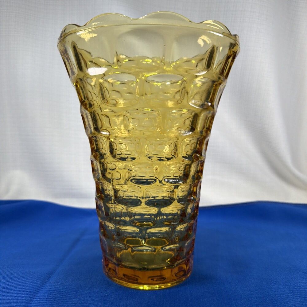 Federal Glass Yorktown Amber Gold Colonial Trumpet Vase Scalloped Rim 8.5"